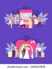 Wedding ceremony, marriage proposal, bride and groom happy loving couple vector illustration concept set. Man and woman, heart, engagement ring, wedding arch and gifts. Photographer, friends.