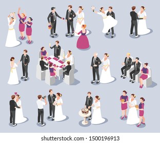 Wedding ceremony memorable moments isometric icons set with vows and rings exchange marriage pronouncement kiss vector illustration 