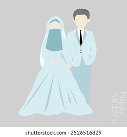 Ceremonia de Boda. Tarjetas recién casadas de varias alturas completas. Boda romántica de pareja de amor. Feliz esposo con traje y esposa con un vestido de salvia verde y hijab. Ilustración vectorial plana aislada