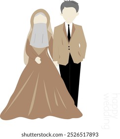 Ceremonia de Boda. Tarjetas recién casadas de varias alturas completas. Boda romántica de pareja de amor. Feliz esposo con traje y esposa con vestido marrón y velo. Ilustración vectorial plana aislada