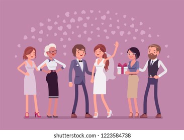 Wedding ceremony, newlywed and guests. Marriage official ceremony, bride and groom on traditional celebration, party for friends and relatives, new family event. Vector flat style cartoon illustration