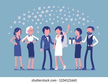 Wedding ceremony, newlywed, guests. Marriage official ceremony, bride and groom on traditional celebration, party for friends and relatives, new family event. Vector illustration, faceless characters