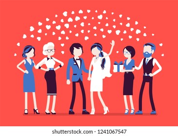 Wedding ceremony, newlywed, guests. Marriage official ceremony, bride and groom on traditional celebration, party for friends and relatives, new family event. Vector illustration, faceless characters