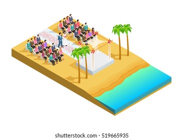 Wedding ceremony on a beach side isometric composition vector illustration