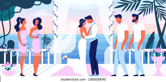 Wedding Ceremony on Beautiful Terrace with Sea View, Groom Kissing Bride in White Dress. Young Happy Couple Getting Married. Friends and Girlfriends Stand nearby. Love Cartoon Flat Vector Illustration
