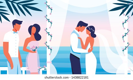 Wedding Ceremony on Beautiful Terrace with Sea View, Groom Kissing Bride in White Dress. Young Happy Couple Getting Married. Friend and Girlfriend Stand nearby. Love Cartoon Flat Vector Illustration