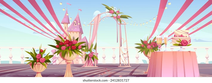 Wedding ceremony outdoor setup with arch draped with ribbons and decorated with rose flowers and bouquets on balcony or terrace near royal castle. Cartoon marriage event and banquet open air location.