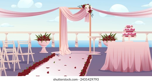 Wedding ceremony outdoor setup. Wedding ceremony setup with arch draped with ribbons and decorations. Vector illustration