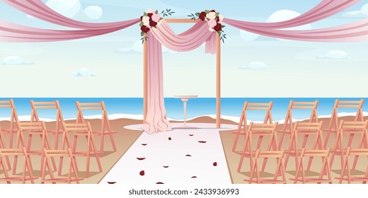 Wedding ceremony outdoor setup. Wedding ceremony setup with arch draped with ribbons and decorations. Vector illustration svg
