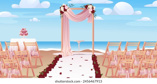 Wedding ceremony outdoor setup. Wedding ceremony setup with arch draped with ribbons and decorations. Vector illustration