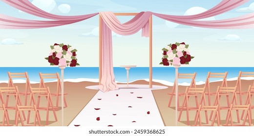 Wedding ceremony outdoor setup. Wedding ceremony setup with arch draped with ribbons and decorations. Vector illustration