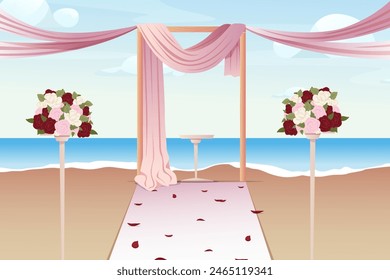 Wedding ceremony outdoor setup. Wedding ceremony setup with arch draped with ribbons and decorations. Vector illustration