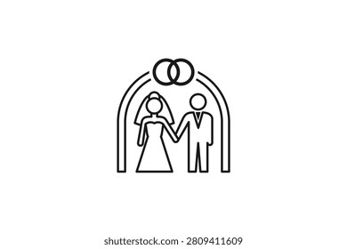 Wedding ceremony outline icon featuring bride and groom under a floral arch