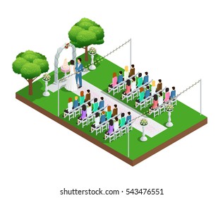 Wedding ceremony in park isometric composition vector illustration