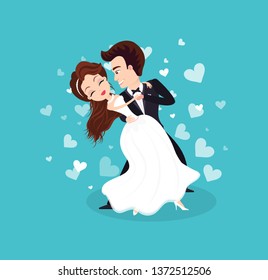 Wedding ceremony party vector, man and woman celebrating special day in life, bride and groom dancing, hears and loving atmosphere of event flat style