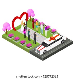 Wedding Ceremony Place with Newlyweds Bride and Groom, Guests and Limousine Isometric View. Vector illustration of Celebration Married