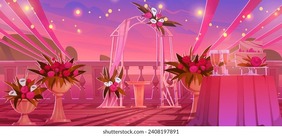 Wedding ceremony scene on sunset sea beach. Vector cartoon illustration of wooden patio decorated with ribbons and flowers, romantic arch, wine glasses and cake on table, ocean view under pink sky