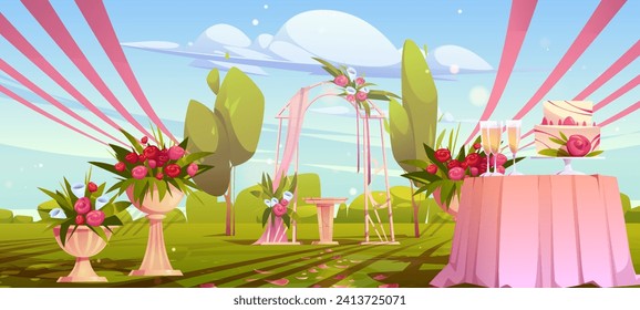 Wedding ceremony scene in summer garden. Vector cartoon illustration of green park decorated with elegant pink ribbons, flowers in vases, romantic arch, wine glasses and cake on table, sunny blue sky