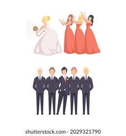 Wedding Ceremony Set, Bride and Groom Celebrating Marriage with Bridesmaids Flat Vector Illustration