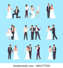 Wedding ceremony set. Groom and bride holding glasses man in tuxedo woman white dress cutting wedding cake romantic pair dance hall bride dresses up in front mirror elegant kiss. Celebration vector.