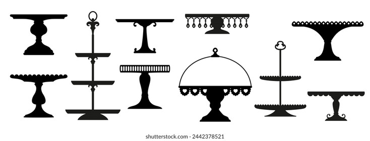 Wedding ceremony and tea cake platter, stand or tray silhouettes. Elegant black vector monochrome tables or plates set for displaying fruits and desserts during festive events and ceremonies svg