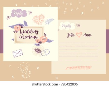 Wedding ceremony. Template banner, poster, invitation card, logo for happy event. Hand-drawn vector illustration.  