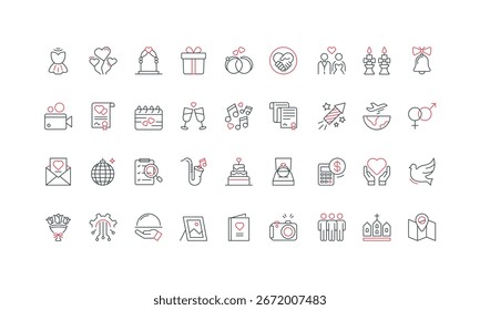 Cronología de la ceremonia de Boda, organización del evento y luna de miel, conjunto de iconos de línea de invitación de fiesta. Iglesia y contrato matrimonial, ubicación del lugar delgado contorno negro y rojo símbolos Ilustración vectorial