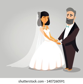 Wedding Ceremony Vector Greeting Card Concept. Young Wife And Elderly Husband Cartoon Characters. Bride And Groom Holding Hands Flat Illustration. Age Gap, Just Married, Newlyweds Clipart