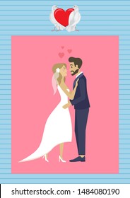 Wedding ceremony vector, man and woman kissing each other, bride and groom in love on special day, male and female cuddling, lady wearing bridal dress, two dove with heart