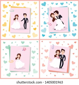 Wedding ceremony vector, people on special day woman, wearing bridal dress holding bouquet, hearts and pictures of couple in love, set flat style