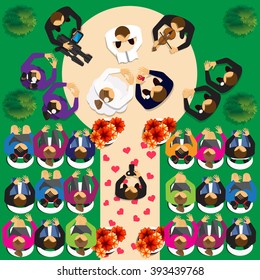 Wedding ceremony. View from above. Vector illustration. Applique with realistic shadows.