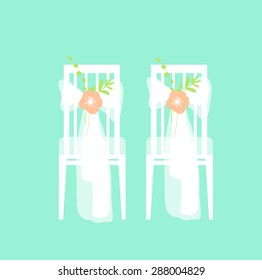 Wedding chairs decorated with ribbon and flowers. Vector illustration
