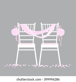 Wedding chairs decorated with ribbon and flowers. Vector illustration