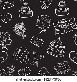 Wedding chalk seamless pattern isolated on black background. Concept for wallpaper, print, wrapping paper