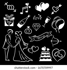 Wedding, chalk set isolated on black background. Concept for stickers, logo, cards , icon 