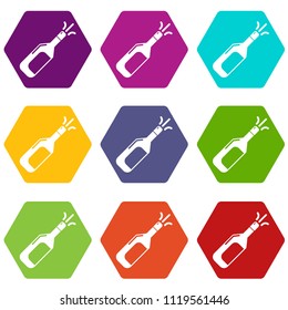 Wedding champagne explosion icons 9 set coloful isolated on white for web