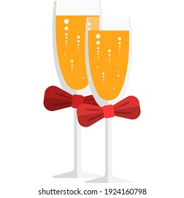 Wedding champagne glasses vector. Sparkling wine glassware icon. Love, anniversary romantic symbol isolated on white background