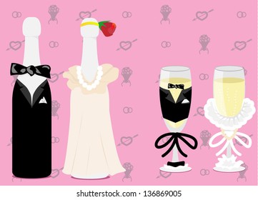 wedding champagne in suits of the groom and the bride