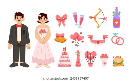 Wedding character and ornament vector illustration set