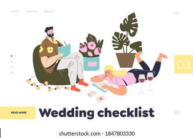 Wedding checklist landing page concept for wedding planning management service website with cartoon bride and groom planning wedding ceremony. Flat vector illustration