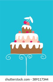 Wedding Cherry cake on the vintage stand icon. Birthday cake on the base. Vector illustration