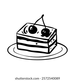 Wedding cherry cake slice birthday party event greeting cake with candles, cream, decoration hand drawn doodle sketch.