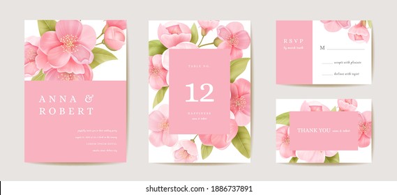 Wedding cherry invitation card, vintage sakura botanical Save the Date set. Design template of flowers and leaves, blossom illustration. Vector trendy cover, pastel graphic poster, brochure