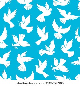 Wedding and Christmas doves seamless pattern background, vector pigeon birds. Doves with olive branch leaf, white bird silhouettes pattern for Easter religious holiday, marriage wedding or Christmas