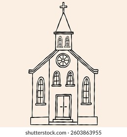 Wedding Church Hand Drawn Line Art Vector Illustration