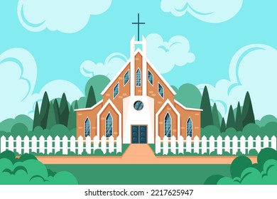 Wedding church. Religion chapel building. Easter catholic home in landscape. Town house. Fence and trees. Scenic panorama with cathedral and nature. Vector cartoon garish illustration