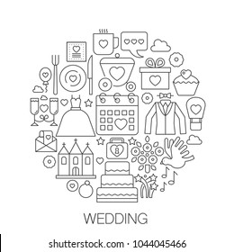 Wedding in circle - concept line illustration for cover, emblem, badge. Wedding thin line stroke icons set.