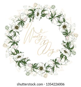 wedding circle frame with white anemone flowers and herbs