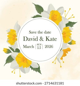 Hochzeit kreisförmigen Rahmen mit gelben Narzissen Blumen und grünen Blättern, perfekt speichern Sie das Datum Einladung Vorlage für Frühling Zeremonien