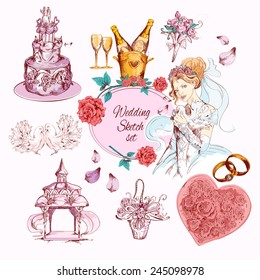 Wedding classic celebration ceremony sketch colored decorative icons set isolated vector illustration